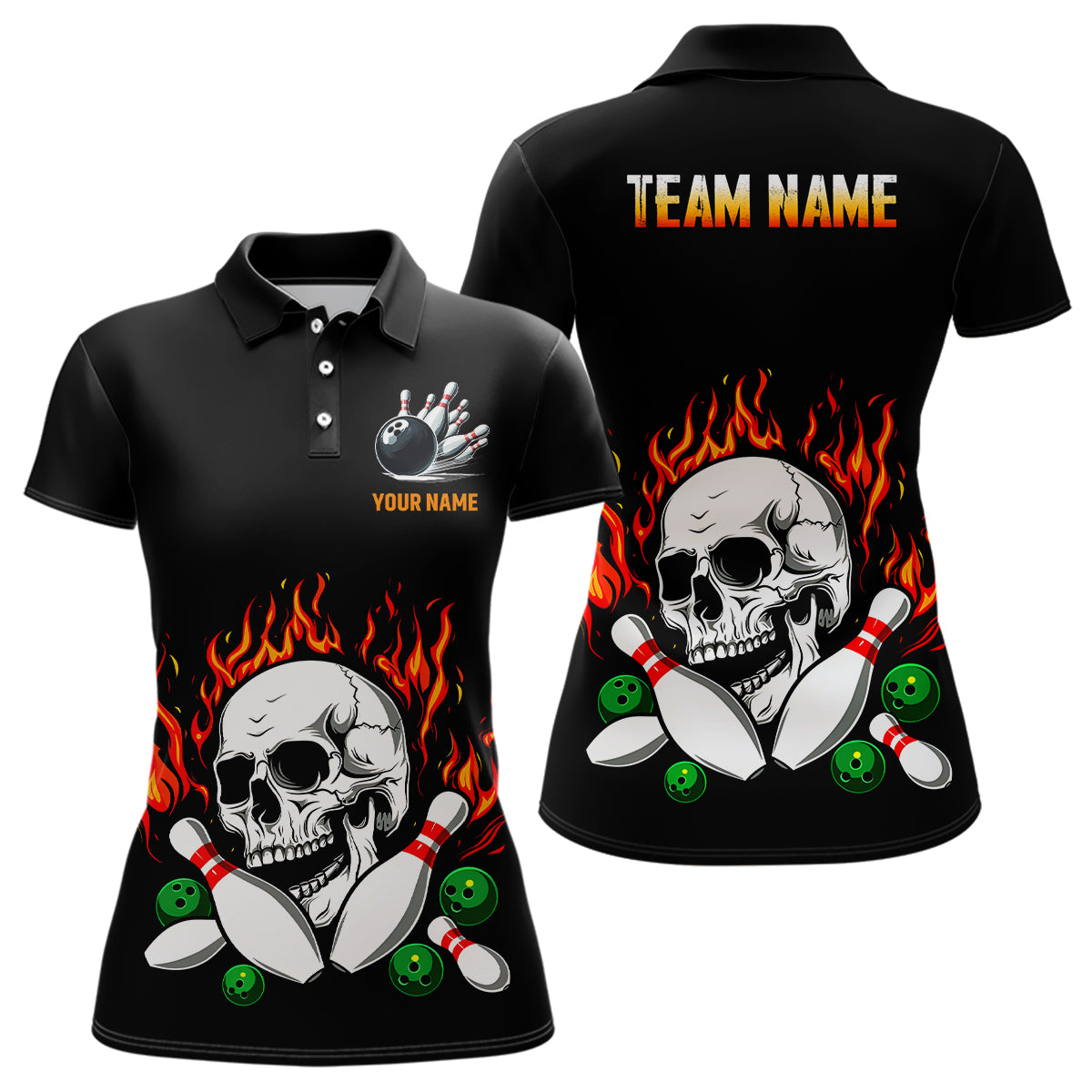 Flame Bowling skull Women bowling polo, quarter zip shirts Custom Team bowling Jerseys, bowling gifts NQS7649