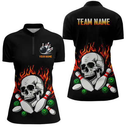 Flame Bowling skull Women bowling polo, quarter zip shirts Custom Team bowling Jerseys, bowling gifts NQS7649