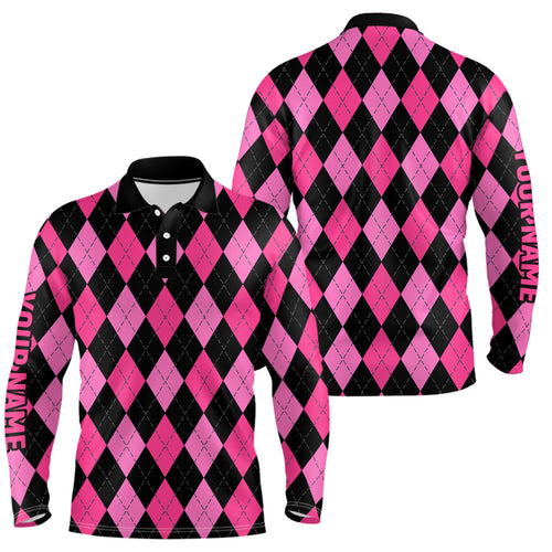 Mens golf polo shirts custom pink and black argyle plaid pattern golf attire for men NQS7646