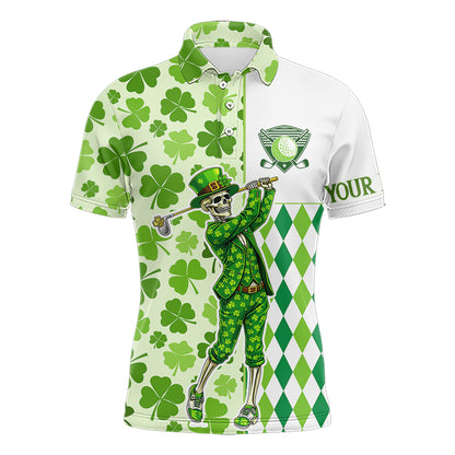 Green Shamrock argyle pattern St Patrick's day Skull Golf Polo Shirts For Men Custom golf outfit men NQS 11507