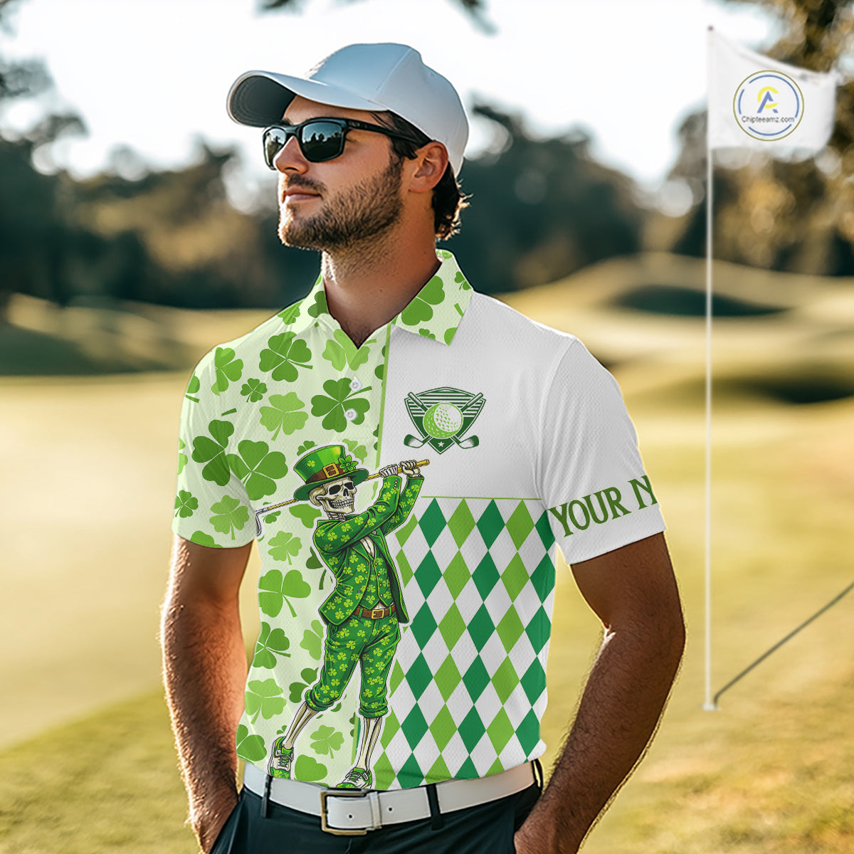 Green Shamrock argyle pattern St Patrick's day Skull Golf Polo Shirts For Men Custom golf outfit men NQS 11507