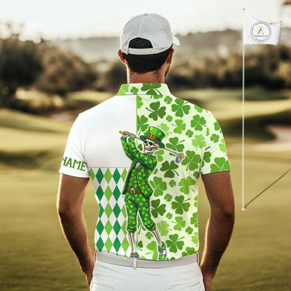 Green Shamrock argyle pattern St Patrick's day Skull Golf Polo Shirts For Men Custom golf outfit men NQS 11507