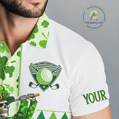 Green Shamrock argyle pattern St Patrick's day Skull Golf Polo Shirts For Men Custom golf outfit men NQS 11507