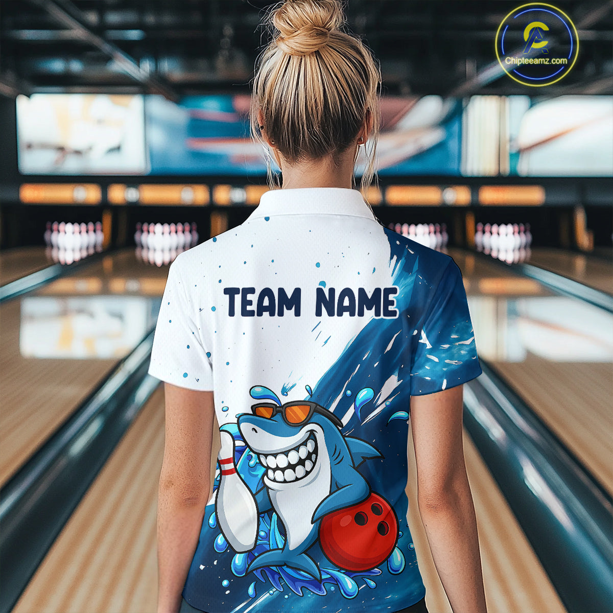 White and Blue Camo Shark Bowling polo, quarter zip shirts for Women Custom funny bowling team shirts NQS10280