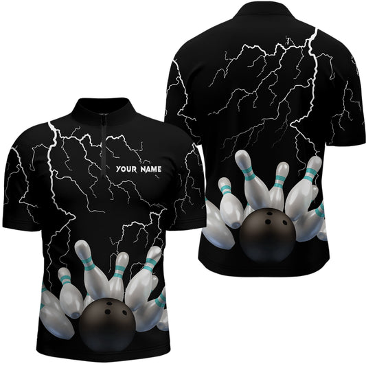 Black lightning thunder custom men bowling Quarter Zip shirt bowling ball pins team jerseys NQS6425