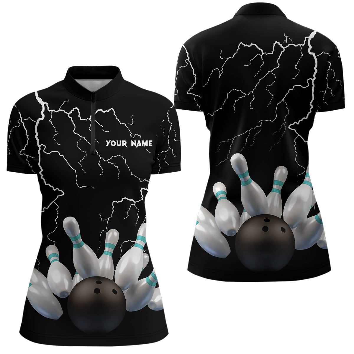 Black lightning thunder custom women bowling Quarter Zip shirt bowling ball pins team jerseys NQS6425