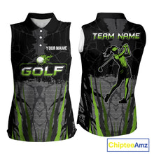 Load image into Gallery viewer, Black Camo Women sleeveless golf polo shirts custom golf attire for ladies, golfing gifts | Green NQS9995