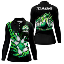 Load image into Gallery viewer, Green flame bowling ball and pins custom Womens Bowling Polo Shirts, team ladies bowling jerseys NQS7516