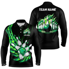 Load image into Gallery viewer, Green flame bowling ball and pins custom Men Bowling Polo Shirts, team mens bowling jerseys NQS7516