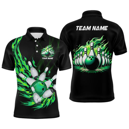 Green flame bowling ball and pins custom Men Bowling Polo Shirts, team mens bowling jerseys NQS7516
