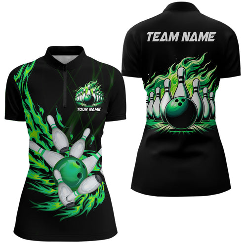Green flame bowling ball and pins custom Women bowling Quarter Zip Shirt, team ladies bowling jerseys NQS7516