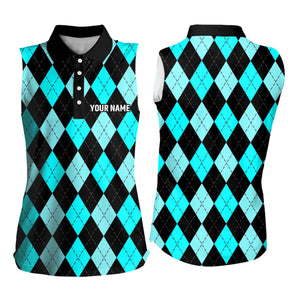 Women sleeveless polo shirt custom Cyan Blue and black argyle plaid pattern golf attire for ladies NQS8767