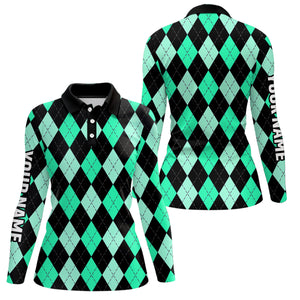 Womens golf polo shirts custom Cyan Green and black argyle plaid pattern golf attire for ladies NQS8768