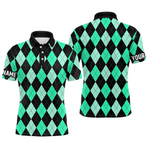 Mens golf polo shirts custom Cyan Green and black argyle plaid pattern golf attire for men NQS8768