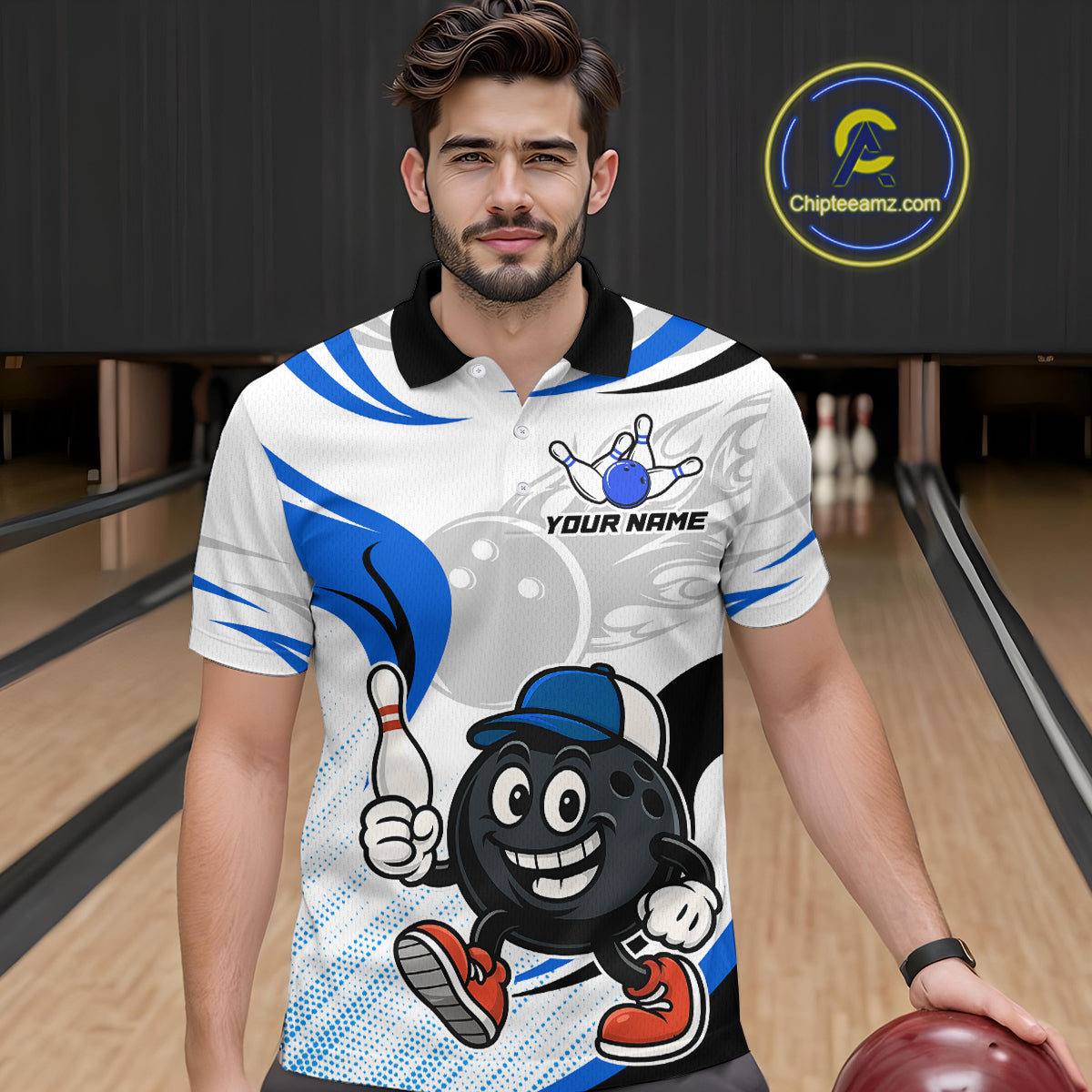 Blue and White Funny Bowling Shirts For Men Custom Team Bowling Polo, 1/4 Zip Jerseys NQS11103