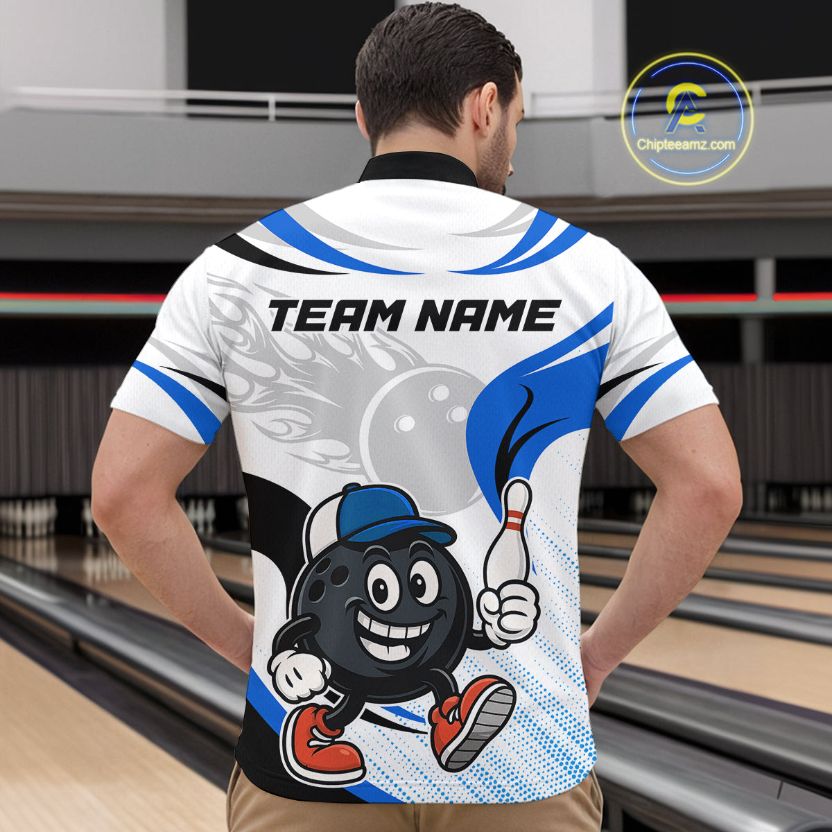 Blue and White Funny Bowling Shirts For Men Custom Team Bowling Polo, 1/4 Zip Jerseys NQS11103