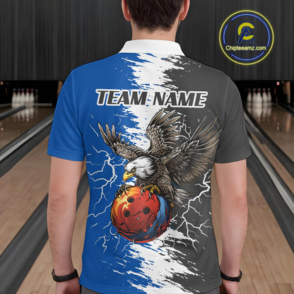 Lightning Thunder Eagle Bowling Polo, Quarter Zip Shirt For Men Custom bowling Team jerseys | Blue NQS11309