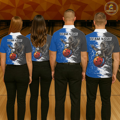 Lightning Thunder Eagle Bowling Polo, Quarter Zip Shirt For Men Custom bowling Team jerseys | Blue NQS11309