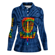 Load image into Gallery viewer, Womens disc golf polo shirts with colorful disc golf basket blue tie dye custom ladies disc golf shirt NQS6201