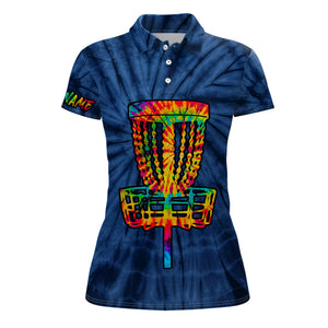 Womens disc golf polo shirts with colorful disc golf basket blue tie dye custom ladies disc golf shirt NQS6201