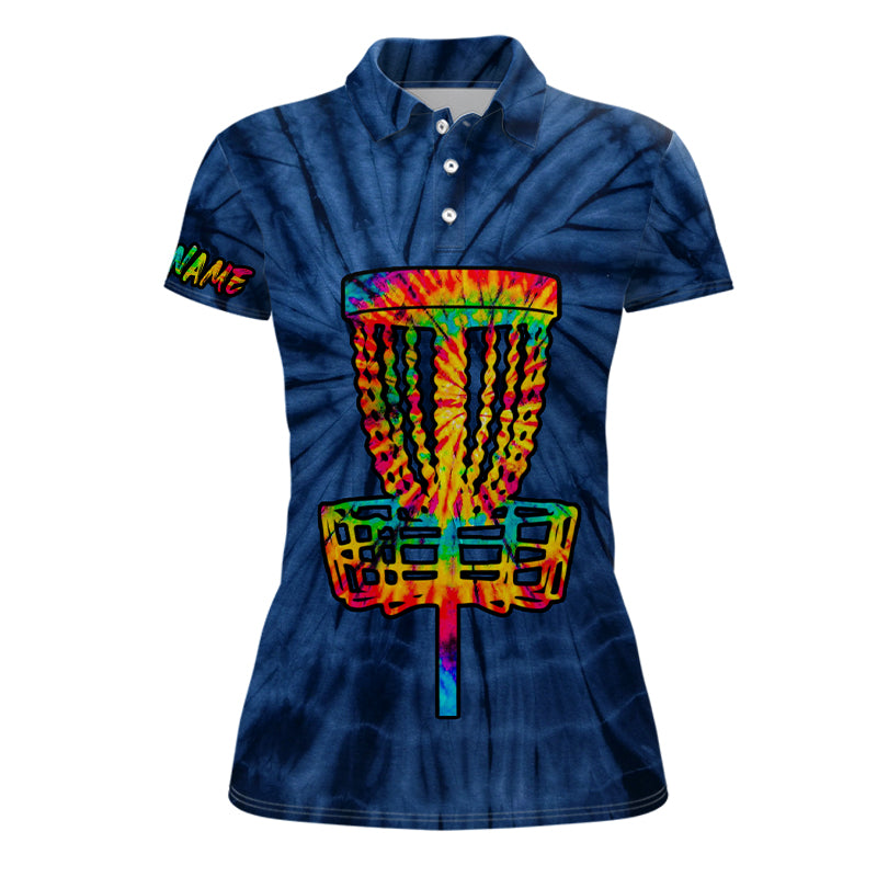 Womens disc golf polo shirts with colorful disc golf basket blue tie dye custom ladies disc golf shirt NQS6201