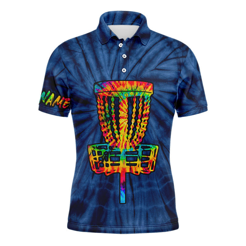 Mens disc golf polo shirts with colorful disc golf basket blue tie dye custom mens disc golf apparel NQS6201