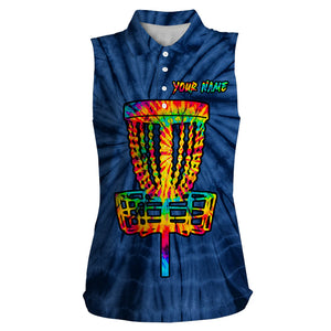 Womens sleeveless polo shirts with colorful disc golf basket blue tie dye custom ladies disc golf shirt NQS6201