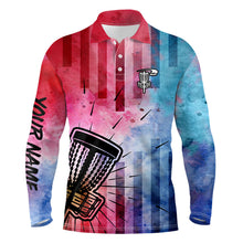 Load image into Gallery viewer, Mens disc golf polo shirts with red &amp; blue tie dye disc golf basket custom mens disc golf apparel NQS6203