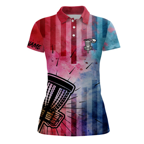 Womens disc golf polo shirts with red & blue tie dye disc golf basket custom women disc golf apparel NQS6203