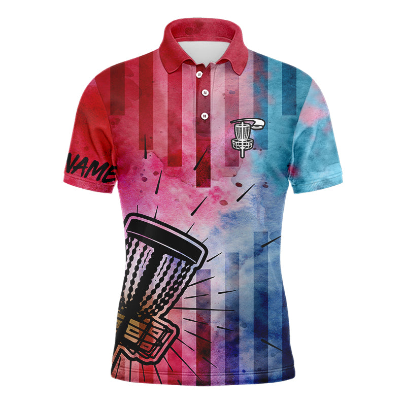 Mens disc golf polo shirts with red & blue tie dye disc golf basket custom mens disc golf apparel NQS6203