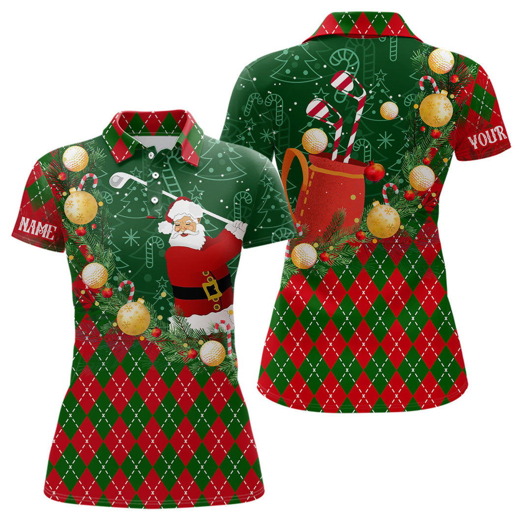 Christmas Santa Playing Golf Green and Red argyle pattern Womens golf polo shirts Custom golf outfits NQS9008