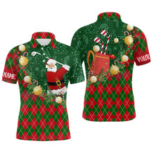 Load image into Gallery viewer, Christmas Santa Playing Golf Green and Red argyle pattern Men Golf Polo Shirt Custom Mens golf outfits NQS9008