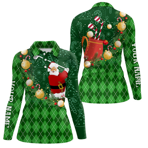 Christmas Santa Playing Golf Green argyle pattern Womens golf polo shirts Custom Xmas golf outfits NQS9009