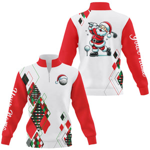 Christmas argyle pattern Santa Playing Golf Quarter zip golf sweatshirt  Custom Xmas golf sweater NQS9010