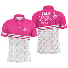 Load image into Gallery viewer, Funny Mens golf polo shirts custom pink and white flamingo golf shirts talk birdie to me NQS7527