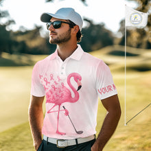Load image into Gallery viewer, Watercolor Pink Flamingo ribbons Mens golf polo shirts Custom Breast Cancer Awareness men golf attire NQS10512