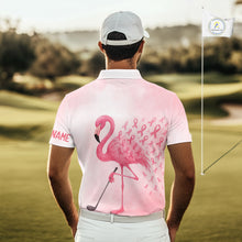 Load image into Gallery viewer, Watercolor Pink Flamingo ribbons Mens golf polo shirts Custom Breast Cancer Awareness men golf attire NQS10512