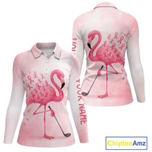 Load image into Gallery viewer, Watercolor Pink Flamingo ribbons Women golf polo shirt Custom Breast Cancer Awareness ladies golf top NQS10512