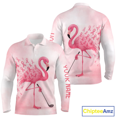 Watercolor Pink Flamingo ribbons Mens golf polo shirts Custom Breast Cancer Awareness men golf attire NQS10512