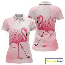 Load image into Gallery viewer, Watercolor Pink Flamingo ribbons Women golf polo shirt Custom Breast Cancer Awareness ladies golf top NQS10512