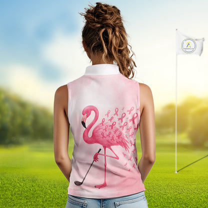 Watercolor Pink Flamingo ribbons Sleeveless polo shirt Custom Breast Cancer Awareness ladies golf top NQS10512