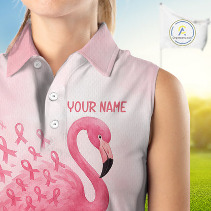 Watercolor Pink Flamingo ribbons Sleeveless polo shirt Custom Breast Cancer Awareness ladies golf top NQS10512