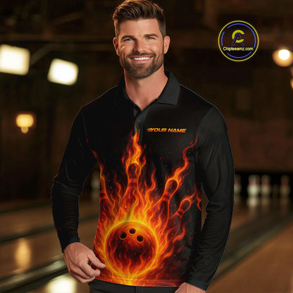 Custom Flame Bowling Polo, Quarter Zip Shirts for Men Custom Team Bowling Uniform NQS10521