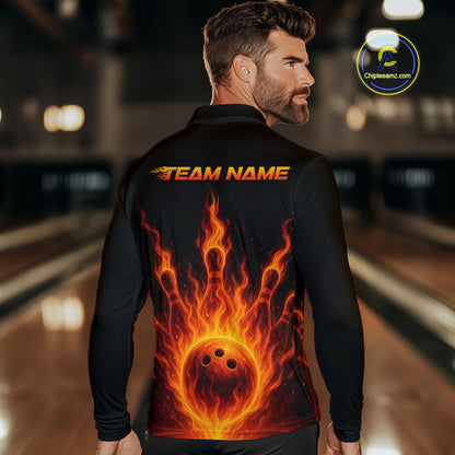Custom Flame Bowling Polo, Quarter Zip Shirts for Men Custom Team Bowling Uniform NQS10521