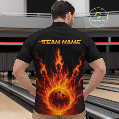 Custom Flame Bowling Polo, Quarter Zip Shirts for Men Custom Team Bowling Uniform NQS10521