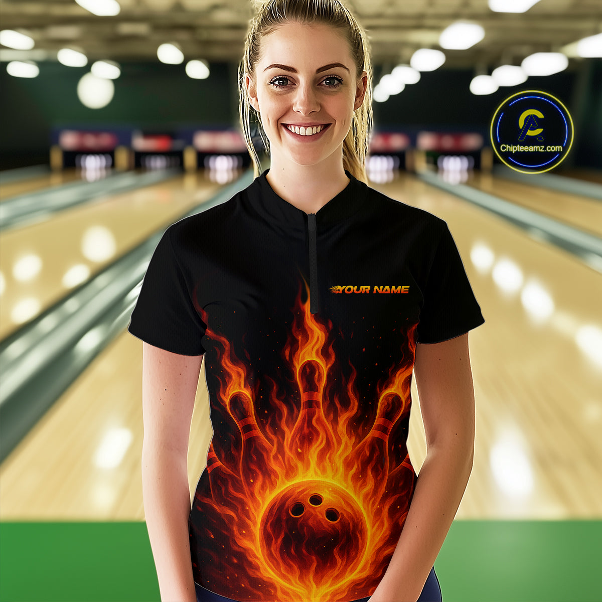 Custom Flame Bowling Polo, Quarter Zip Shirts for Women Custom Team Bowling Uniform NQS10521