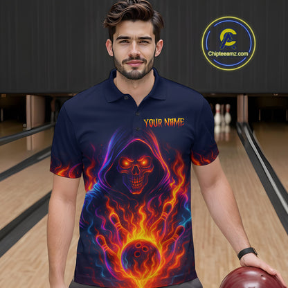 Custom Orange Flame Skull Bowling Shirts for Men Custom Team Bowling Shirts, gift for bowlers NQS10522