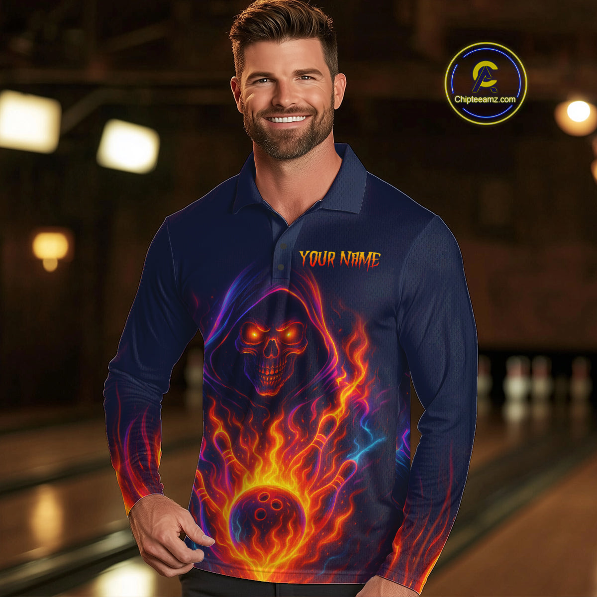 Custom Orange Flame Skull Bowling Shirts for Men Custom Team Bowling Shirts, gift for bowlers NQS10522