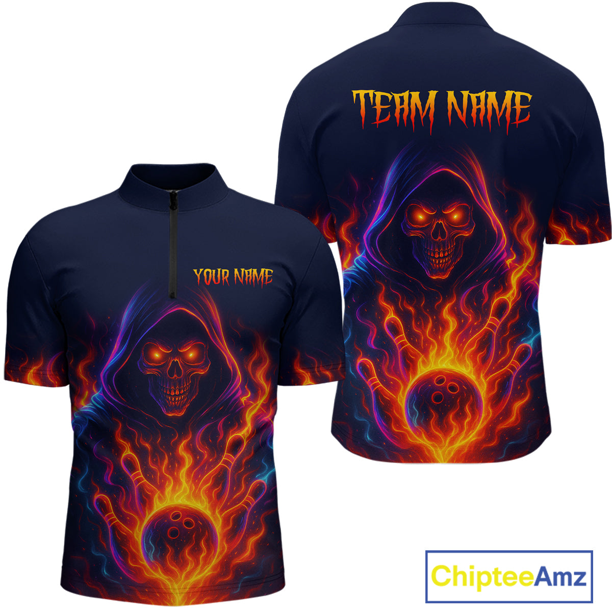 Custom Orange Flame Skull Bowling Shirts for Men Custom Team Bowling Shirts, gift for bowlers NQS10522