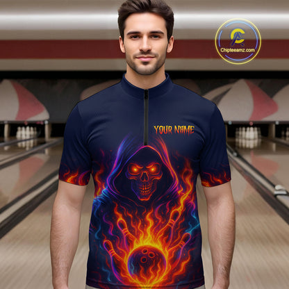 Custom Orange Flame Skull Bowling Shirts for Men Custom Team Bowling Shirts, gift for bowlers NQS10522